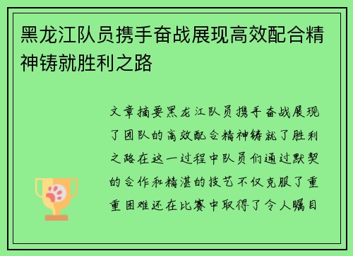 黑龙江队员携手奋战展现高效配合精神铸就胜利之路