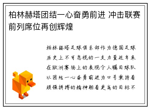 柏林赫塔团结一心奋勇前进 冲击联赛前列席位再创辉煌