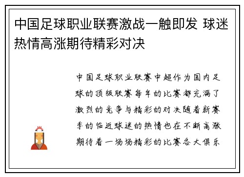 中国足球职业联赛激战一触即发 球迷热情高涨期待精彩对决