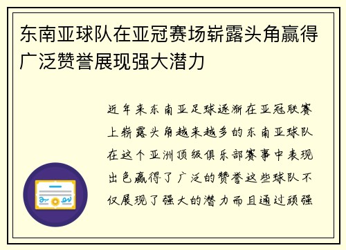 东南亚球队在亚冠赛场崭露头角赢得广泛赞誉展现强大潜力