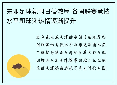 东亚足球氛围日益浓厚 各国联赛竞技水平和球迷热情逐渐提升