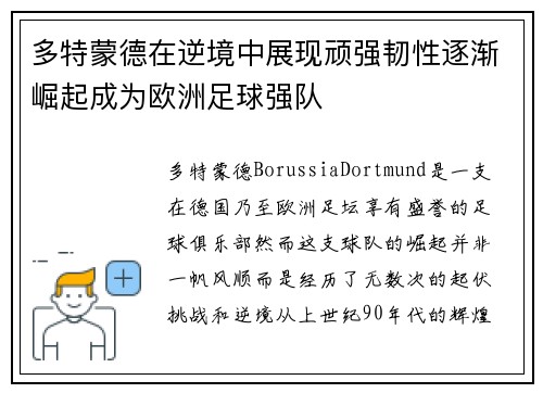 多特蒙德在逆境中展现顽强韧性逐渐崛起成为欧洲足球强队